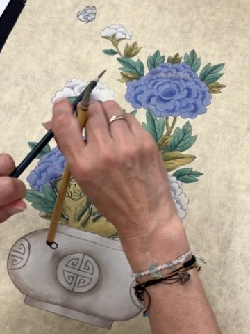 Blue flower Minhwa painting in progress